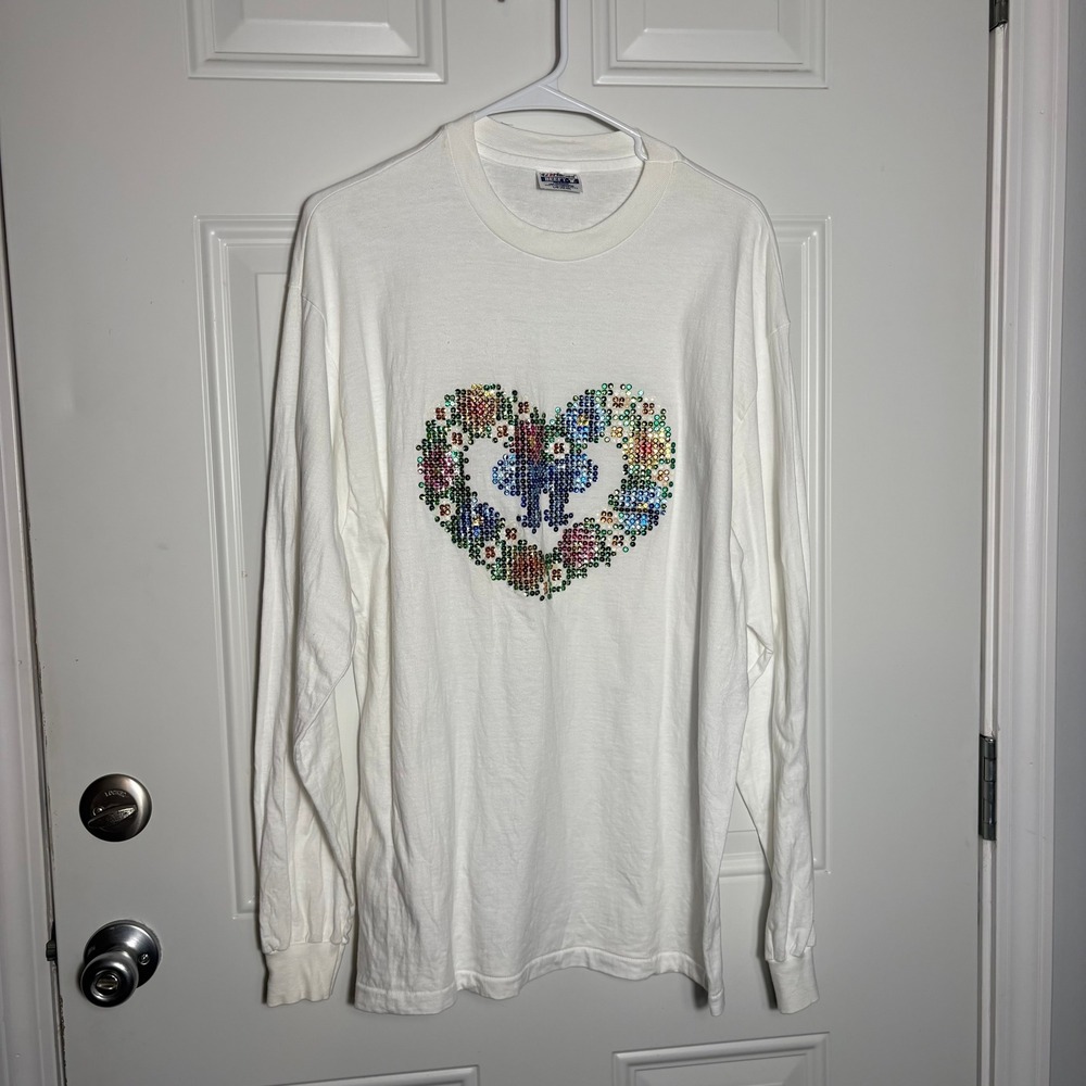 Vintage Hanes Beefy-T White Long Sleeve Sequin Heart Floral Shirt Large L
